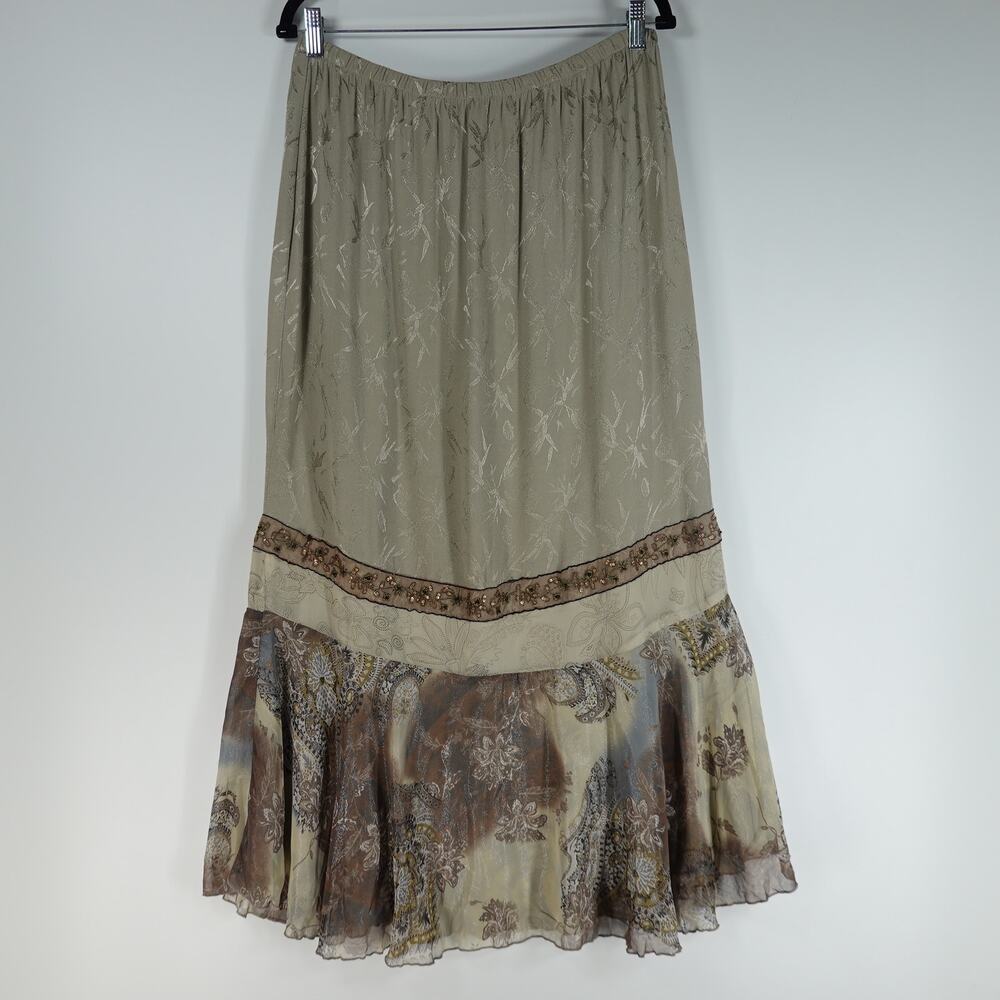 Spencer Alexis Vtg Skirt Women 1X Olive Green Maxi Floral Silk Y2K Fairy Whimsy